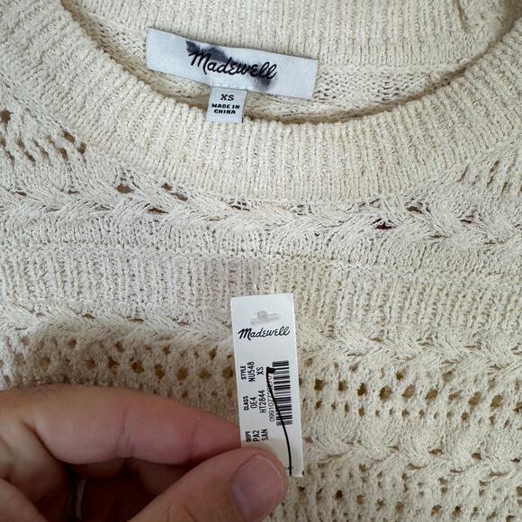 Madewell Scalloped-Trim Sweater Tee SZ XS Sand Crewneck Crop Open Knit Pullover - Picture 5 of 9